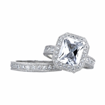 Karianne's Vintage Halo Emerald Cut CZ Wedding Ring Set